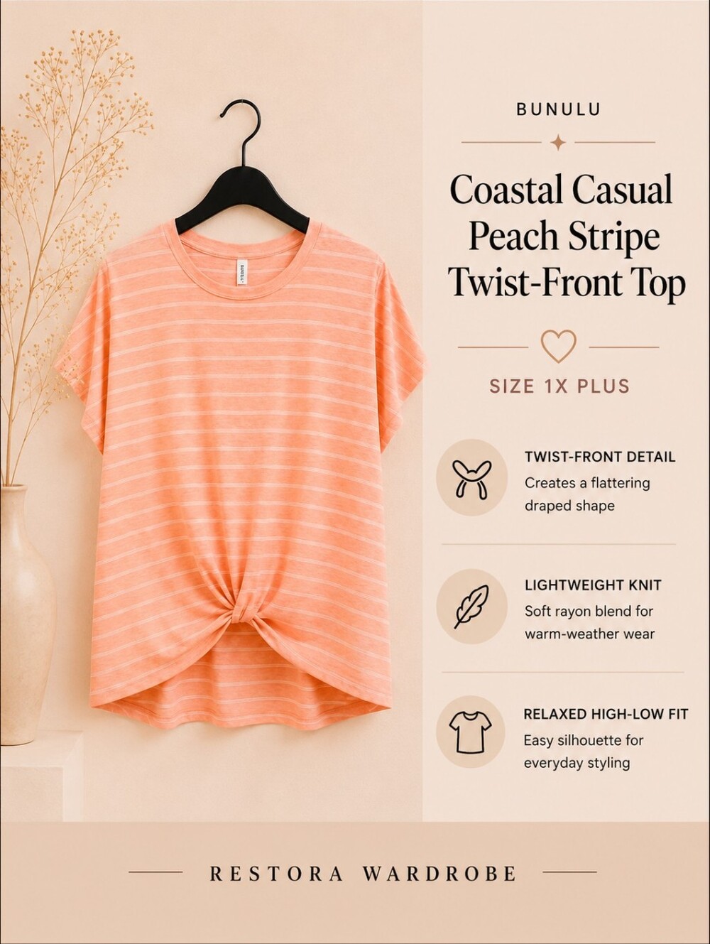 Bunulu Twist Front Top Peach White Striped Short Sleeve 1X Coastal